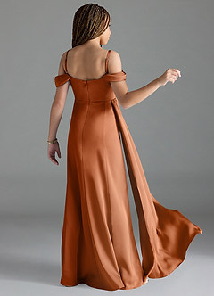 Azazie Amyra Junior Copper Sheath Off the Shoulder Stretch Satin Dress image2