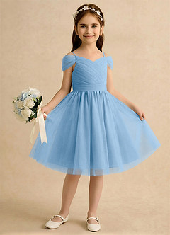 Azazie Lila Girls Formal Robe Demoiselle D'honneur Fillette Robe Trapèze en Tulle Épaules dénudées Poudre Bleue image4