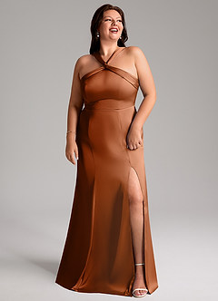 Azazie Rue Bridesmaid Dresses Copper A-Line Pleated Stretch Satin Dress image11