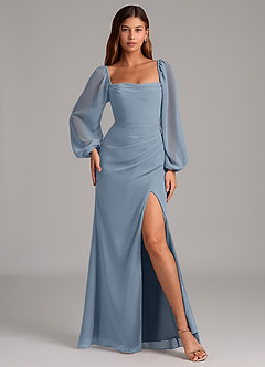 Azazie Brixley Abiti da Damigella Abito Sirena in Chiffon Manica Lunga Blu Polveroso image4