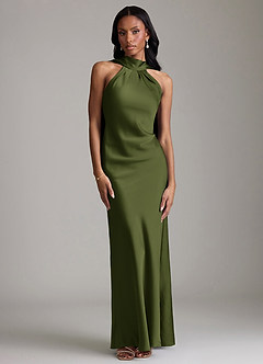 Azazie Cassiana Abiti da Damigella Abito Sirena in Raso Elasticizzato Plissettato Oliva image1