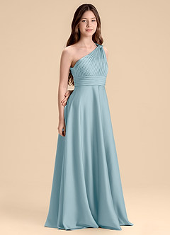 Azazie Charlize Junior Moody Blue A-Line Pleated Stretch Satin Dress image3