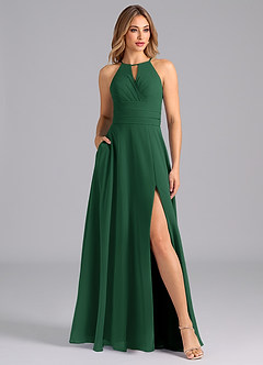 Azazie Denver Bridesmaid Dresses Dark Green A-Line Pleated Chiffon Dress image1