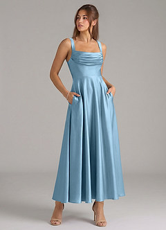 Azazie Shaude Bridesmaid Dresses Steel Blue A-Line Pleated Stretch Satin Dress image3
