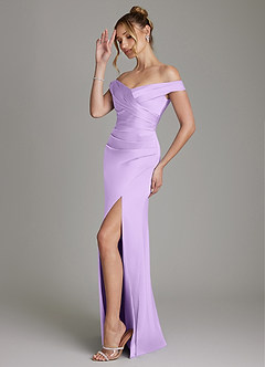 Azazie Teyana Bridesmaid Dresses Lilac Sheath Off the Shoulder Stretch Satin Dress image5