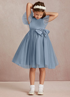 Azazie Midna Vente Finale Robe Trapèze en Tulle avec manches Bleu Poussiéreux image3