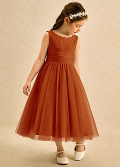Azazie Macaron Robe Demoiselle D'honneur Fillette Robe Trapèze en Tulle Plissée Paprika image1