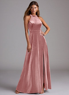 Azazie Clarice Brautjungfernkleider A-Linie Seitliche Cut-Outs Samt Kleid Altrosa image1