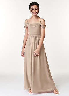 Azazie Alivia Junior Taupe A-Line Off the Shoulder Chiffon Dress image5