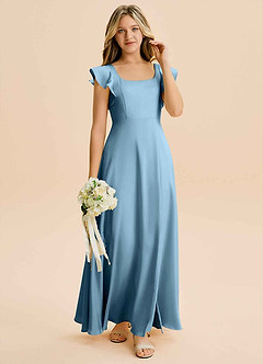 Azazie Bondi Junior Steel Blue A-Line Side Slit Stretch Satin Dress image4