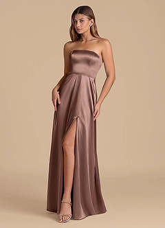 Azazie Wren Vestidos de madrinha de casamento Vestido Café Expresso de Cetim Metálico de Linha A com Sem alças image3