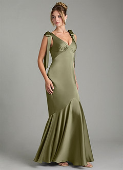 Azazie Alena Vestidos de damas de honor Vestido de Pistacho de Satén Elástico de Corte Sirena con Plisado image3