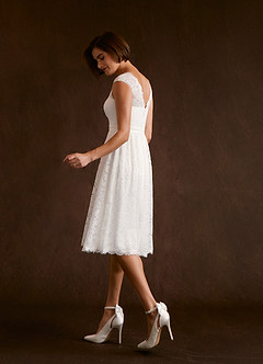 Azazie Ginnie At-home Try On Dresses Diamond White A-Line Lace Dress image2