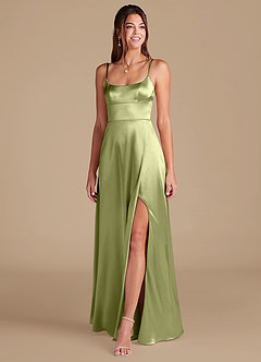 Azazie Halsey Bridesmaid Dresses Pistachio A-Line Side Slit Metallic Satin Dress image3