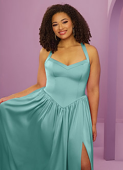 Barbie ♥ Azazie Bridesmaid Dresses Aqua A-Line with Pockets Stretch Satin Dress image13