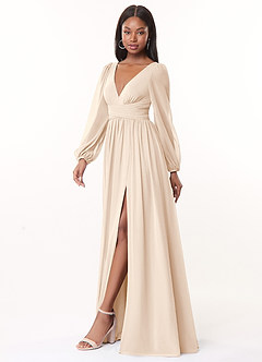 Azazie Norah Brautjungfernkleider A-Linie Lange Ärmel mit V-Ausschnitt Chiffon Kleid Alabaster Weiß image4