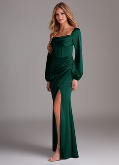 Azazie Charissa Bridesmaid Dresses Emerald Sheath Long Sleeve Stretch Satin Dress image5