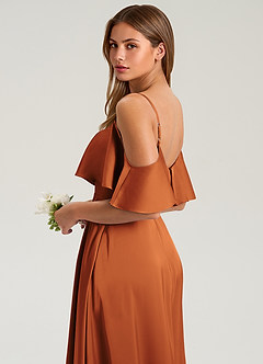 Azazie Jean Bridesmaid Dresses Cinnamon A-Line Off the Shoulder Stretch Satin Dress image7