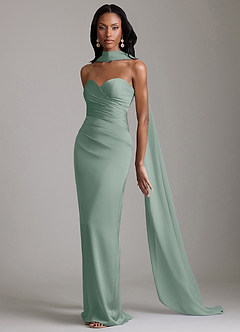 Azazie Sonora Vestidos de damas de honor Vestido de Salvia Plateada de Satén Elástico de Corte Recto con Sin tirantes image10