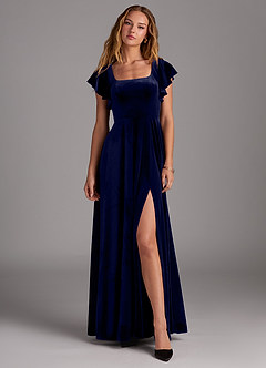 Azazie Bondi Vestidos de damas de honor Vestido de Azul Marino Oscuro de terciopelo de Corte en A con Corte Lateral image1
