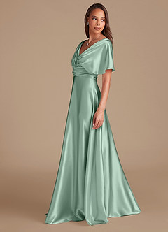 Azazie Pamela Bridesmaid Dresses Agave A-Line Pleated Metallic Satin Dress image5