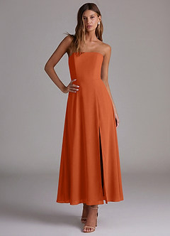 Azazie Wren Brautjungfernkleider A-Linie Schulterfrei Chiffon Kleid Gebranntes Orange image5