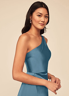 Azazie Maron Bridesmaid Dresses Bermuda A-Line One Shoulder Stretch Satin Dress image5