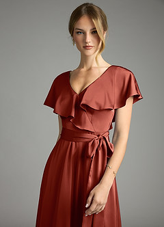 Azazie Lainey Bridesmaid Dresses Terracotta A-Line with Pockets Stretch Satin Dress image6