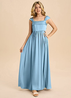 Azazie Hattie Junior Steel Blue A-Line Pleated Stretch Satin Dress image5