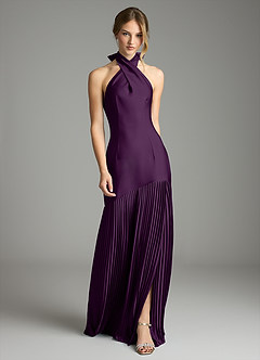 Azazie Nayeli Final Sale Grape A-Line Pleated Stretch Satin Dress image1