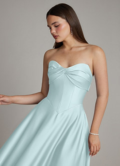 Azazie Meleena Bridesmaid Dresses Sea Glass A-Line Strapless Stretch Satin Dress image4