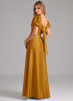Azazie Fatima Bridesmaid Dresses Butterscotch A-Line Pleated Stretch Satin Dress image2