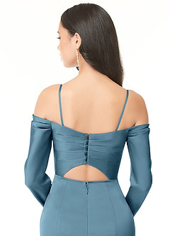 Azazie Hallie Jurken voor bruidsmeisjes Converteerbaar Jurk van Stretch Satijn met Kolom Off-the-shoulder lange mouw Bermuda image8