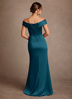 Azazie Bedford Mother of the Bride Dresses Ink Blue Sheath Pleated Stretch Satin Dress image3