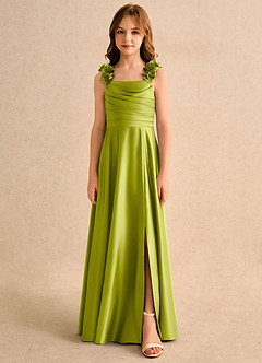 Azazie Rosita Girls Formal 플라워 걸 드레스 A라인 플리츠 매트 새틴 플로어 길이 드레스 image3