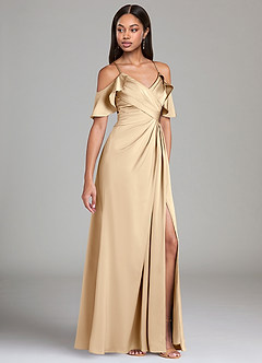 Azazie Dakota Bridesmaid Dresses Champagne A-Line Off the Shoulder Stretch Satin Dress image1