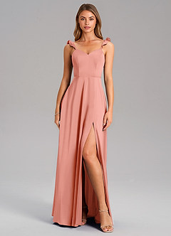 Azazie Everett Bridesmaid Dresses Coral A-Line Stretch Satin Dress image3