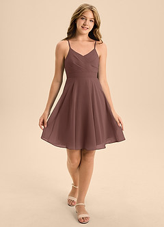 Azazie Avelina Junior Espresso A-Line Pleated Chiffon Dress image3