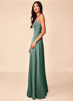 Azazie Mei Vestidos de damas de honor Vestido de Eucalipto de Satén Elástico de Corte en A con Cuello en V image4