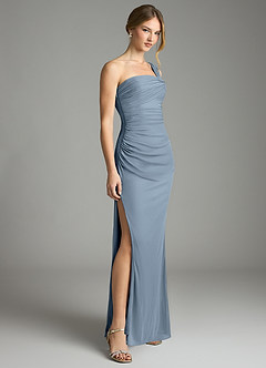 Azazie Tati Venta Final Vestido de Azul Polvoriento de Malla de Corte Recto con Vestidos sin tirantes image3