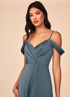 Azazie Ocean Bridesmaid Dresses Twilight A-Line V-Neck Pleated Stretch Satin Dress image4