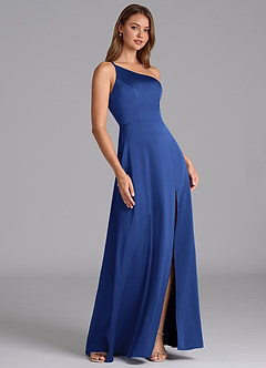 Azazie Trina Abiti da Damigella Abito A-Line in Raso Elasticizzato Monospalla Blu Reale image4