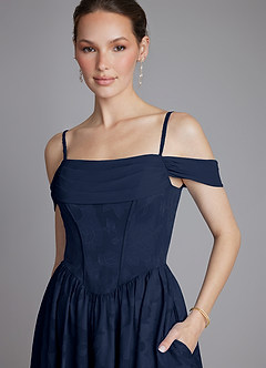 Azazie Raisa Bridesmaid Dresses Dark Navy A-Line Off the Shoulder Floral Burnout Dress image3
