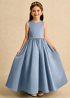 Azazie Daisies Robe Demoiselle D'honneur Fillette Robe Princesse en Mat Satiné Arc Bleu Poussiéreux image5