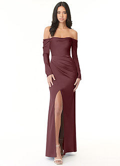 Azazie Hallie Bridesmaid Dresses Sangria Sheath Off-The-Shoulder Long Sleeve Stretch Satin Convertible Dress image3