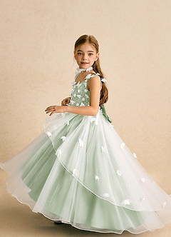 Azazie Darlina Flower Girl Dresses Ivory Dusty Sage Ball-Gown Lace Tulle Dress image3