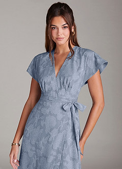 Azazie Ling Bridesmaid Dresses Dusty Blue A-Line Pleated Floral Burnout Dress image2