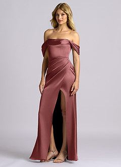 Azazie Auden Suknie dla druhen Osłona Zza ramienia Satyna elastyczna Do ziemi Sukienka image4