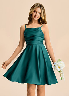 Azazie Miko Junior Vestido de Pavo Real de Satén Elástico de Corte en A con Plisado image1