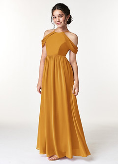 Azazie Seneca Junior Butterscotch A-Line Off the Shoulder Chiffon Dress image5